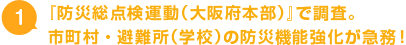 1.『防災総点検運動（大阪府本部）』で調査。市町村・避難所（学校）の防災機能強化が急務！